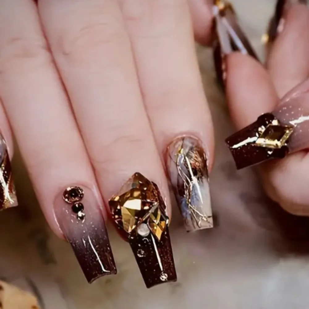🔥3/$21 Elegant Brown and Gold Press On Nails Set
